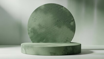 Two green and circular podiums on a white surface with a shadowed background.