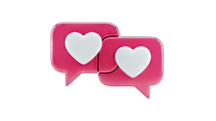 3D Two chat bubbles with white hearts on pink background on transparent background