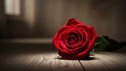 Fototapeta premium Single Red Rose Lying on a Rustic Wooden Floor