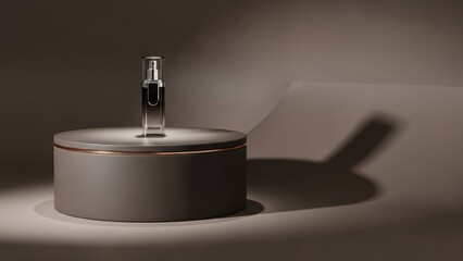 A sleek, modern perfume bottle with a transparent cap and a round base, placed on a matte gray stand with a golden rim.