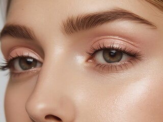 Obraz premium Close-up of a woman's beautiful eye with subtle pastel pink eyeshadow, showcasing a soft and luminous glow, perfect for beauty and fashion content