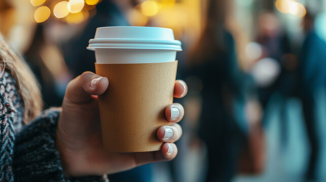 Close-up of hands holding a coffee cup during a business conference break, blurred background of people networking, copy space.