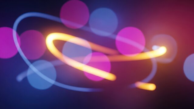 A blurred image of a colorful light trail against a dark background. - Powered by Adobe