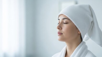 A serene woman in a white bathrobe with her eyes closed, enjoying a peaceful moment.
