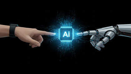 A human hand and a robot hand touch a glowing AI chip.