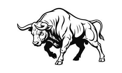 Fototapeta premium Black and white bull silhouette with strong muscular shape, clean contours and dynamic stance on white background. bull silhouette, animal silhouette, strong bull, black white, vector art