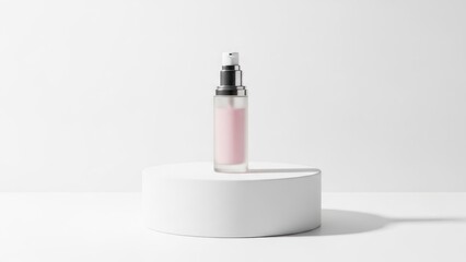 A clear glass bottle with a pink liquid on a white podium with a white background.