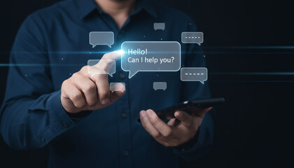 A man points at a glowing interactive chat bubble offering digital assistance.