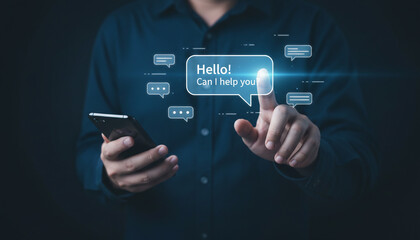 A user engages with a glowing virtual assistant chat bubble.