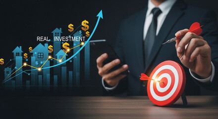 A businessman aims a dart at a bullseye analyzing real investment growth.