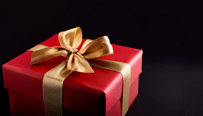 Red Gift Box With Gold Ribbon On Black Background