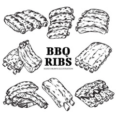 Collection of hand drawn Barbecue Pork ribs outline drawing illustration