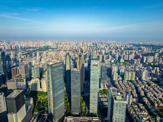 Aerial view of dense skyscrapers in the financial district of Guangzhou.