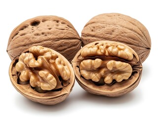 Whole Walnuts in Shell and One Cracked Open Showing Kernel Isolated on White Background; Group of Healthy Organic Tree Nuts for Nutrition, Vegan Diet, and Culinary Cooking Concept