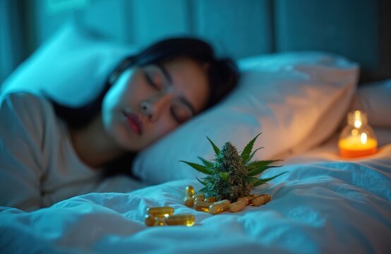 Asian woman sleeps peacefully in bed with cannabis bud capsules and oil. Evening bedroom scene shows natural sleep aid alternative for insomnia and relaxation. Melatonin production.