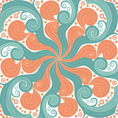 Fototapeta premium Vibrant graphic pattern featuring swirling shapes and floral design in orange and teal hues