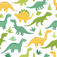 Obraz premium A collection of various dinosaurs in different poses and colors on a white background with plants and illustrations