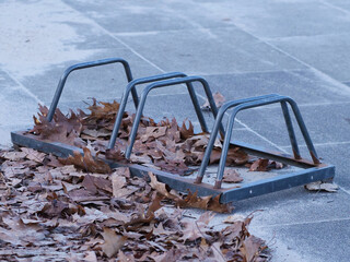 Bicycle bike rack with autumn leaves