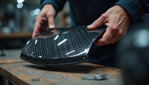Man holds custom car part made of carbon fiber. Technician inspects composite component on workbench. Precision manufacturing quality check in workshop.