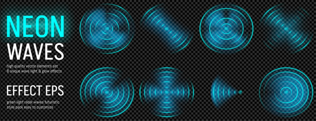 Wifi light wave effect with radar sound signal and sonar sensor for tech background. Blue 3d ripple with neon glow and radial circular echo for technology hud overlay. Abstract wireless design