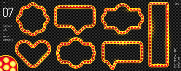 Circus rectangle sign with marquee light. Carnival frame for theater board or Vegas showtime. Vintage neon bulb border for retro cinema poster. Blank signboard background. Quiz speech bubble