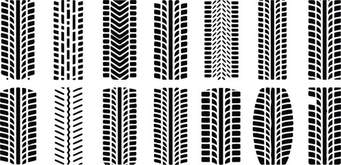 Seamless tire, track, car, vector, wheel texture. Collection of diverse black tire tracks footprints and marks isolated on a white background in vector format.  © Artful