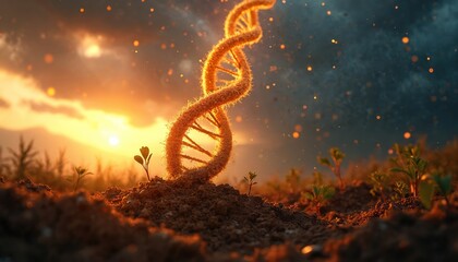 DNA helix emerges from earth with new plants growing. Golden hour sunset light shines on scientific genesis. Life originates from soil, hope for future.