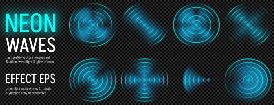 Wifi light wave effect with radar sound signal and sonar sensor for tech background. Blue 3d ripple with neon glow and radial circular echo for technology hud overlay. Abstract wireless design