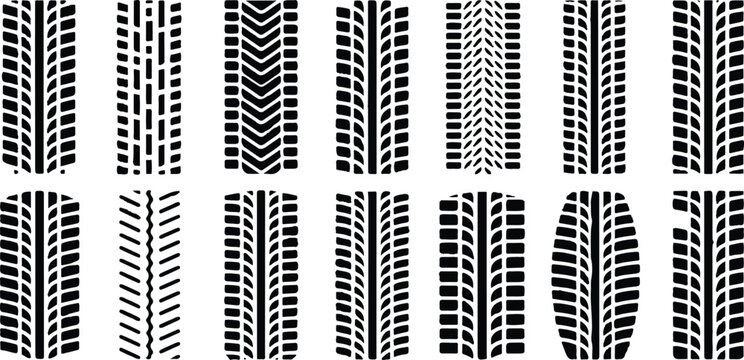 Seamless tire, track, car, vector, wheel texture. Collection of diverse black tire tracks footprints and marks isolated on a white background in vector format. 