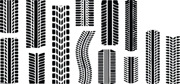 Seamless tire, track, car, vector, wheel texture. Collection of diverse black tire tracks footprints and marks isolated on a white background in vector format. 