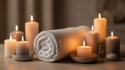 Candles and a rolled towel on a table with a blurred background.