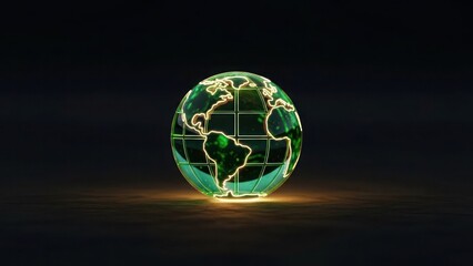 Glowing green earth with illuminated continents on dark background