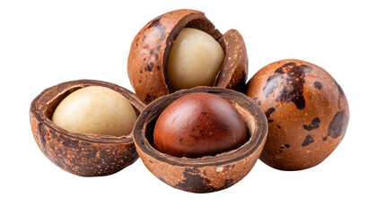 Minimalist product shot of a glass bowl filled with raw macadamia nuts transparent png background. Ai generated