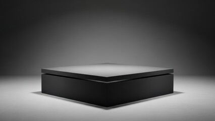 A black square box with a white top and bottom on a gray background.