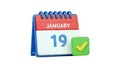 3D Calendar Icon with January 19 and Checkmark on transparent background