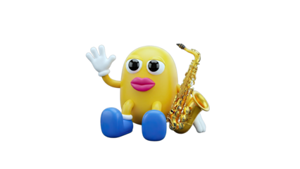 3D Cute cartoon character sitting with a saxophone on transparent background