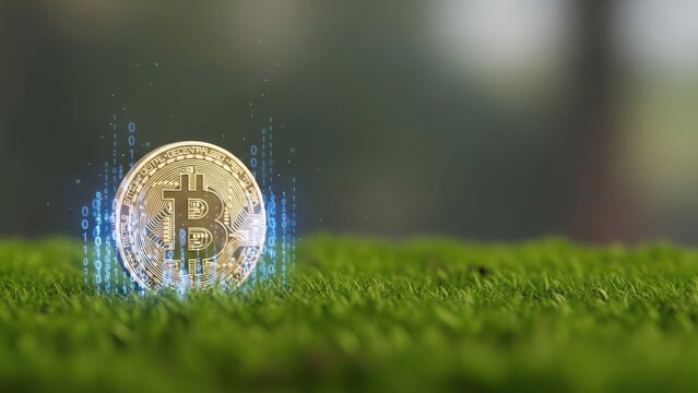 Golden Bitcoin coin on green grass with digital data streams - Powered by Adobe