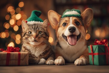 Happy Cat and Dog Wearing Christmas hats Surrounded by Gifts and Bokeh Lights in Festive Home Setting