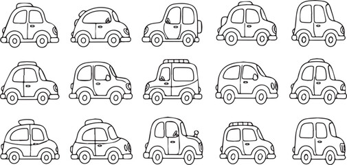 Collection of cartoon cars in a simple line drawing style. © traphics