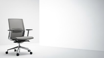A modern office chair with a mesh backrest and seat, placed in a minimalist white room.