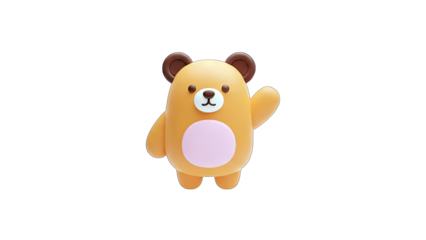 3D Cute cartoon bear waving hello on transparent background