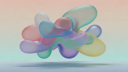 A colorful, abstract 3D rendering of organic shapes in pastel colors against a gradient background.