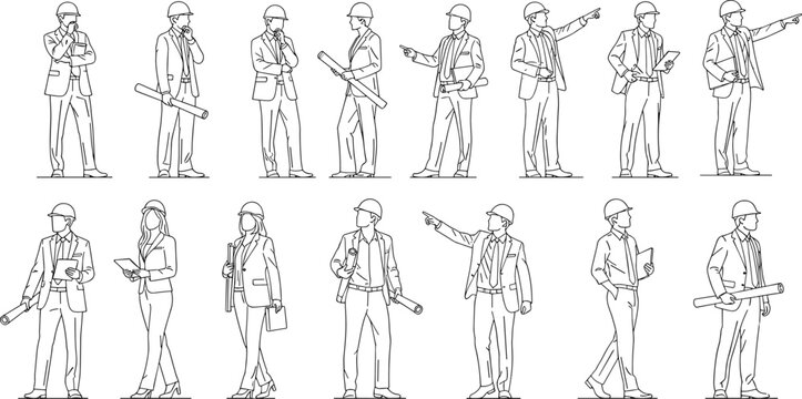 Construction engineer illustration set, safety helmet poses and planning gestures, black line icons, flat vector, cad drawing layout