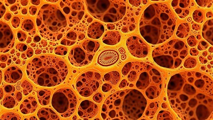 Extreme close-up of an orange fractal structure with interconnected cells and pores
