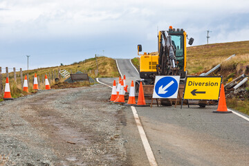 Road maintenance works with diversion on rural Scottish road