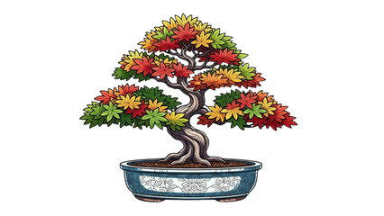 High-quality black outline colorful realistic art of bonsai tree in a shallow pot, Japanese miniature tree, zen nature illustration