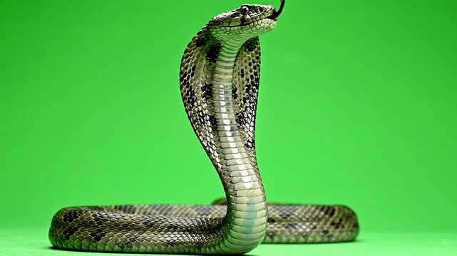 A Cobra Snake Rears Up in a Defensive Pose Against a Green Background.