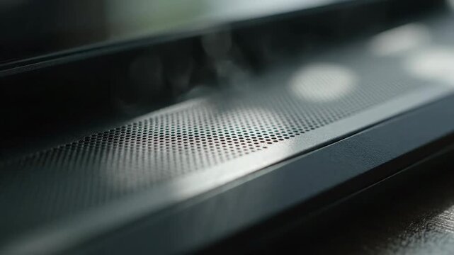 Modern technology audio equipment detail, metallic surface, speaker grill design, close-up, abstract background.