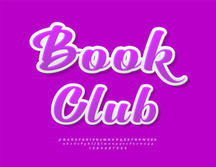 Vector Stylish badge Book Club. Violet Cursive  Font. Calligraphic set of Bright Alphabet Letters and Numbers. 