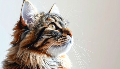 Stunning Portrait of a Fluffy Maine Coon Cat Looking Up with Long Whiskers
